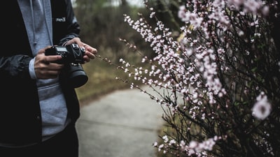 在白花旁拿着黑色照相机的人